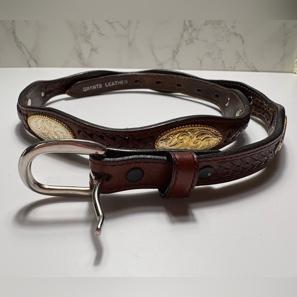 Grants Leather Brown Braided/Woven Belt with Silver/Gold Toned Conchos-Preowned